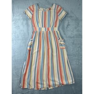 a.n.a. Linen Blend Midi Stiped House Dress Backless Cut-Out Patch Pockets Size M